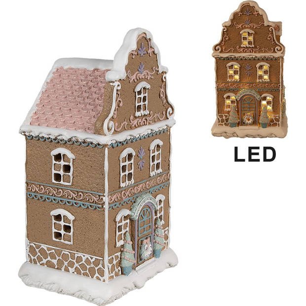 HAES DECO - Gingerbread house met LED 12x9x20 cm Bruin Kunststof Peperkoekhuisje