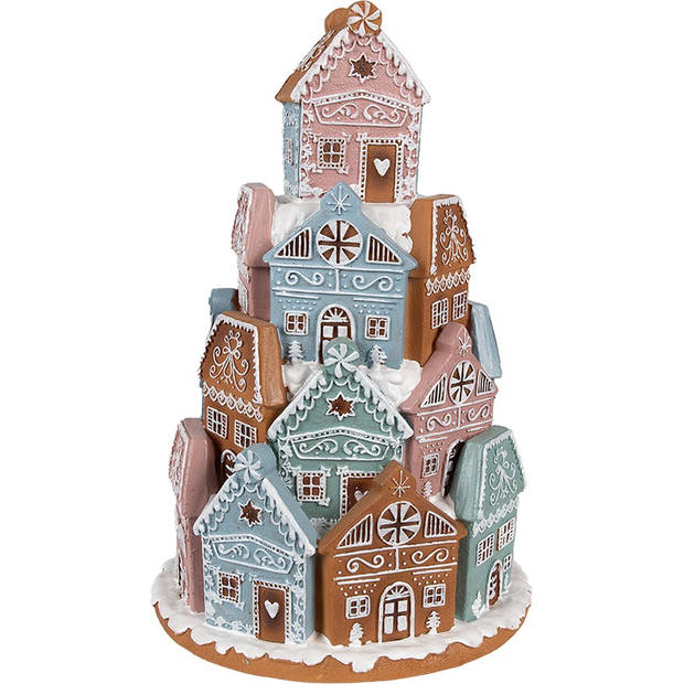 HAES DECO - Gingerbread house met LED Ø19x28 cm Bruin Blauw Kunststof Peperkoekhuisje