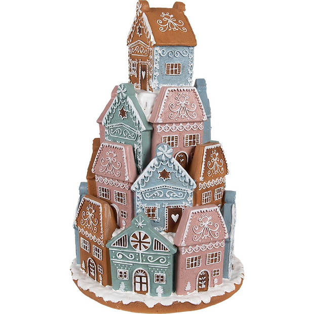 HAES DECO - Gingerbread house met LED Ø19x28 cm Bruin Blauw Kunststof Peperkoekhuisje