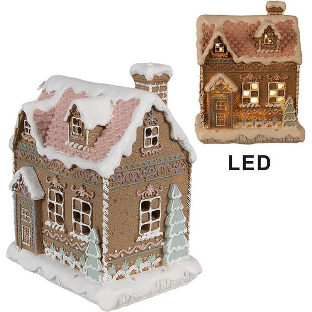 HAES DECO - Gingerbread house met LED 13x10x16 cm Bruin Kunststof Peperkoekhuisje