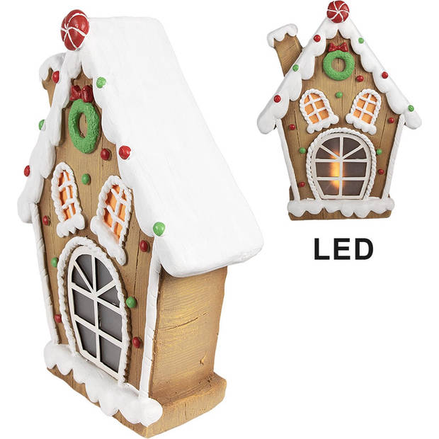 HAES DECO - Gingerbread house met LED 27x11x36 cm Bruin Kunststof Peperkoekhuisje