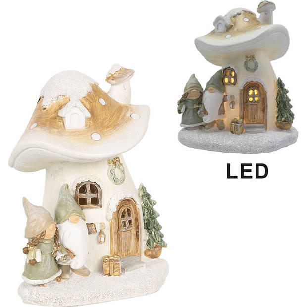 HAES DECO - Eef Decoratie Huis met LED Paddenstoel 13x12x15 cm Beige Kunststof