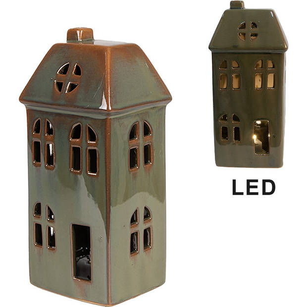 HAES DECO - Decoratie Huis met LED 7x6x15 cm Groen Porselein