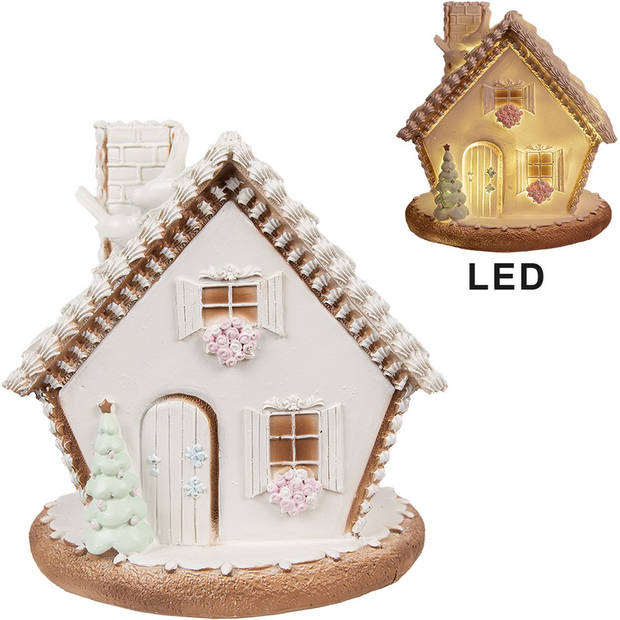 HAES DECO - Gingerbread house met LED 17 cm Wit Kunststof Peperkoekhuisje