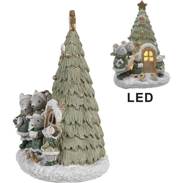 HAES DECO - Decoratie Huis met LED Kerstboom 12x11x17 cm Groen Kunststof Muis Kerstdecoratie Beeld