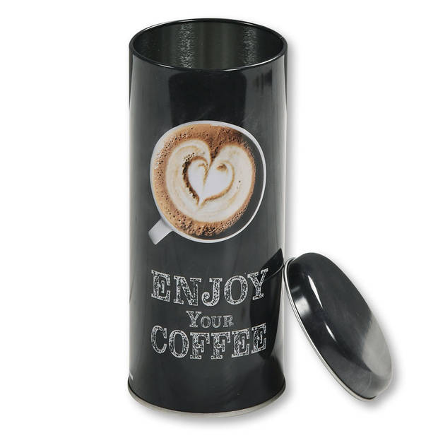 Kesper Koffie bewaarblik voor pads - Enjoy your coffee - metaal - zwart - drukdeksel - D8 x H17 cm - Voorraadblikken