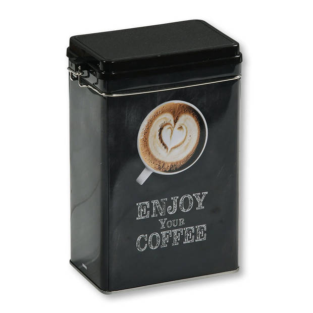 Kesper Koffie bewaarblik voor bonen - Enjoy your coffee - metaal - zwart - clipdeksel - 14x8x19 cm - Voorraadblikken