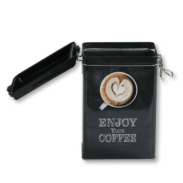 Kesper Koffie bewaarblik voor bonen - Enjoy your coffee - metaal - zwart - clipdeksel - 14x8x19 cm - Voorraadblikken