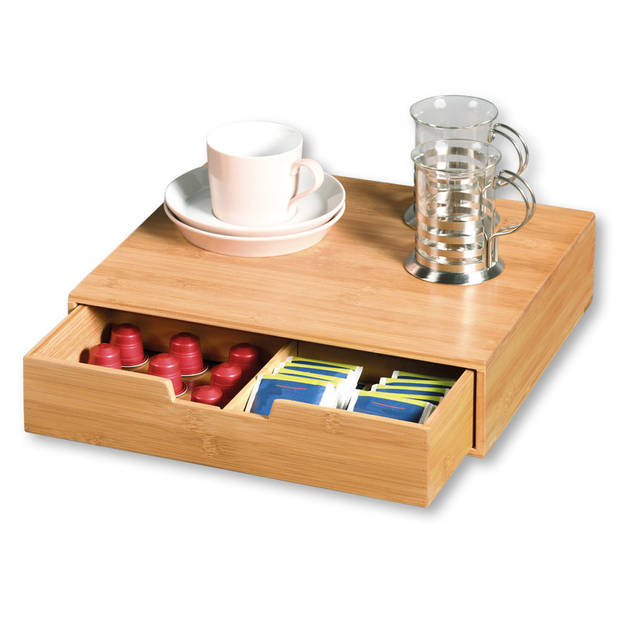 Kesper Koffie cups/capsule houder/dispenser lade - bamboe hout - 34 x 31 x 8 cm - met vakjes - Koffiecuphouders