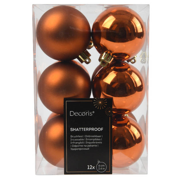 Decoris kerstballen - 12x st- 6 cm - koper/cognac bruin - kunststof - Kerstbal