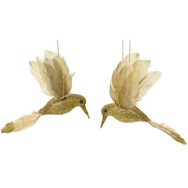 Decoris kerstboom kolibrie vogels - 2x - goud - foam - 13 cm - Kersthangers