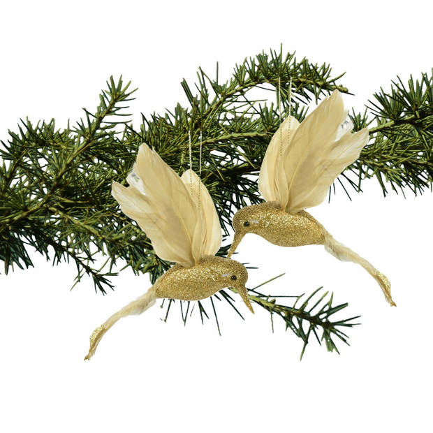 Decoris kerstboom kolibrie vogels - 2x - goud - foam - 13 cm - Kersthangers