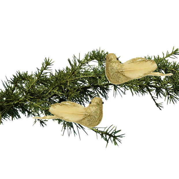 Decoris kerstboom vogels op clip - 2x - goud - foam - 11 cm - Kersthangers