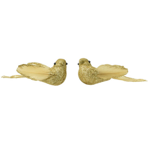 Decoris kerstboom vogels op clip - 2x st - goud - foam - 11 cm - Kersthangers