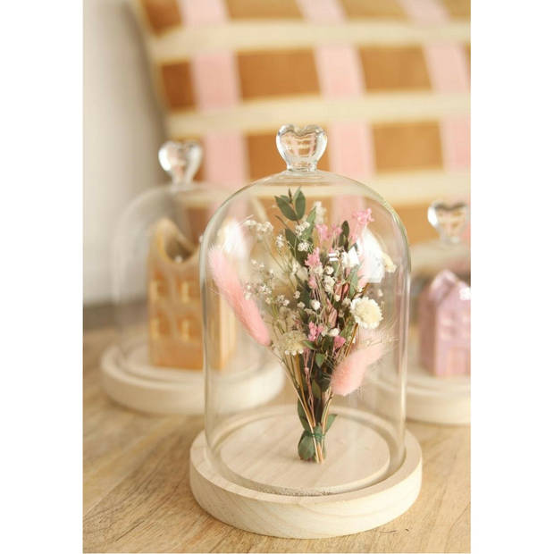 Ideas4seasons Decoratie stolp met hart - houten plateau - D12 x H18 cm - Decoratieve stolpen