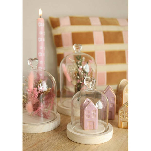 Ideas4seasons Decoratie stolp met hart - houten plateau - D12 x H18 cm - Decoratieve stolpen