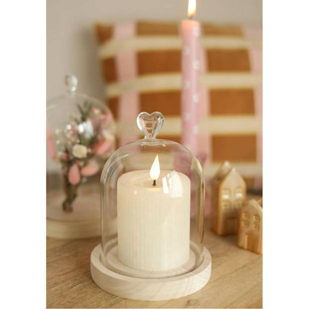 Ideas4Seasons Decoratie stolp met hart - klein - houten plateau - D12 x H15 cm - Decoratieve stolpen