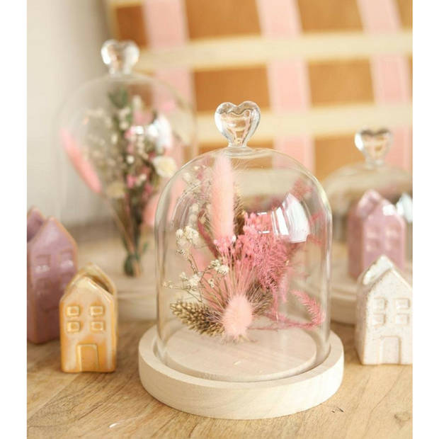 Ideas4Seasons Decoratie stolp met hart - klein - houten plateau - D12 x H15 cm - Decoratieve stolpen