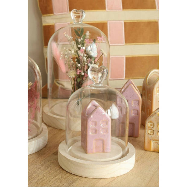 Ideas4Seasons Decoratie stolp met hart - klein - houten plateau - D12 x H15 cm - Decoratieve stolpen