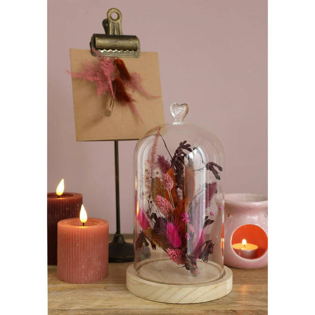 Ideas4seasons Decoratie stolp met hart - houten plateau - D14 x H24 cm - Decoratieve stolpen