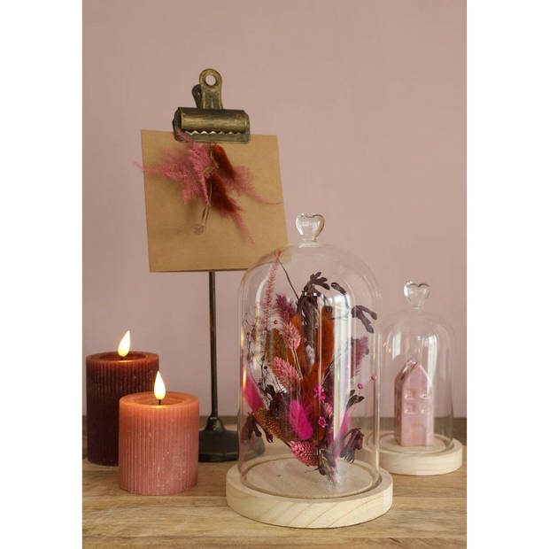 Ideas4seasons Decoratie stolp met hart - houten plateau - D14 x H24 cm - Decoratieve stolpen