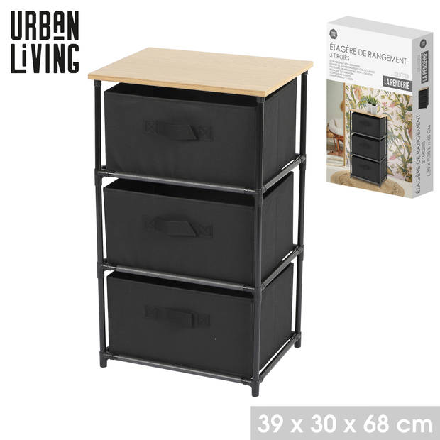 Urban Living Ladekast/organizer - 3 lades - zwart - 40 x 30 x 68 cm - Opbergkastjes