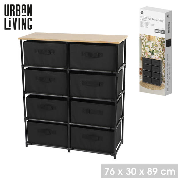 Urban Living Ladekast/organizer - 8 lades - zwart - 76 x 30 x 89 cm - Opbergkastjes