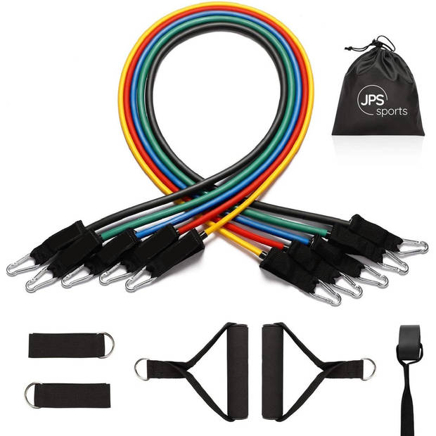 JPS Sports Resistance Bands Set- Fitness Elastiek- Weerstandsbanden - Handvaten - Enkelbanden - Draagtas - tot 55KG