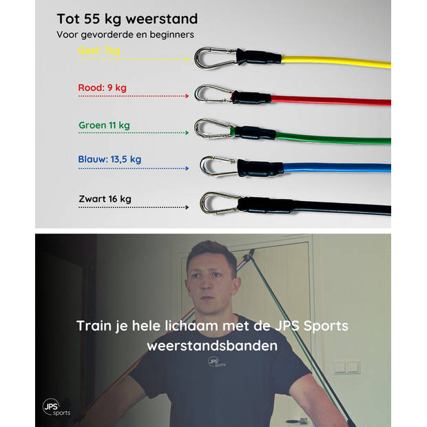 JPS Sports Resistance Bands Set- Fitness Elastiek- Weerstandsbanden - Handvaten - Enkelbanden - Draagtas - tot 55KG