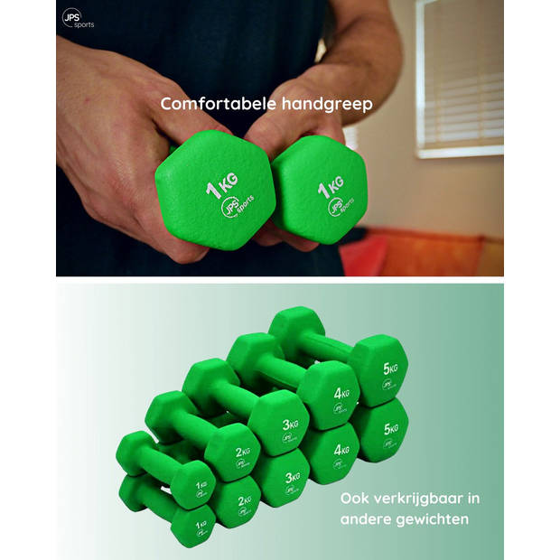 JPS Sports Dumbells- Gewichten - Dumbells 1kg - Dumbells set 2 x 1 kg - Zeshoekig - Duurzaam - Groen