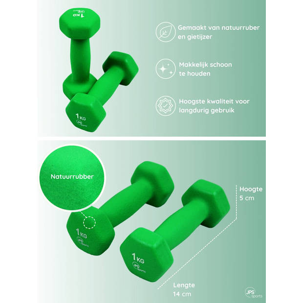 JPS Sports Dumbells- Gewichten - Dumbells 1kg - Dumbells set 2 x 1 kg - Zeshoekig - Duurzaam - Groen