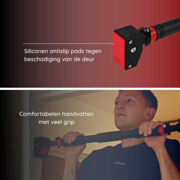 JPS Sports Pull Up Bar - Optrekstang Deur- Zonder Montage - Verstelbaar van 72 cm tot 96 cm - Zwart/Rood