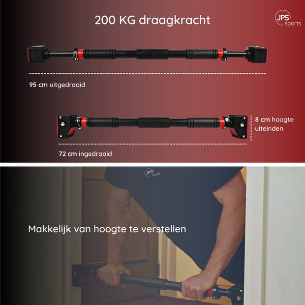 JPS Sports Pull Up Bar - Optrekstang Deur- Zonder Montage - Verstelbaar van 72 cm tot 96 cm - Zwart/Rood