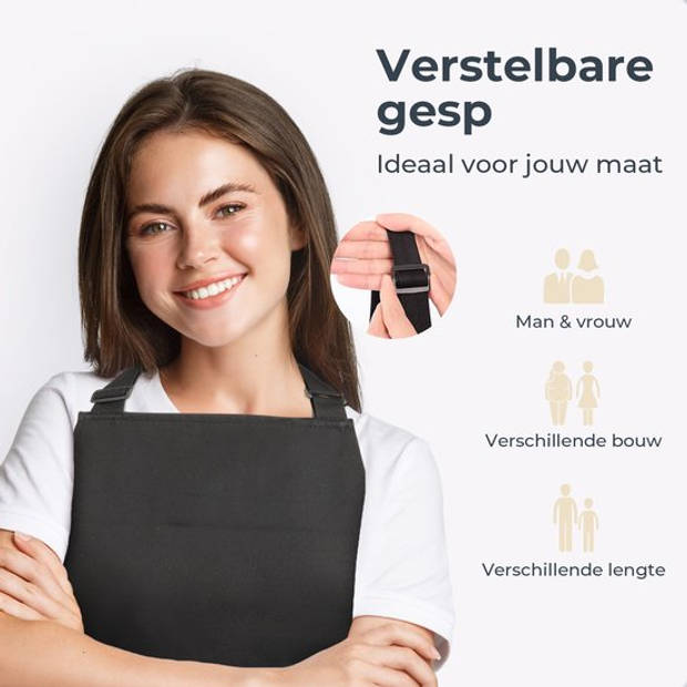 Gandria Keukenschort - Schort voor Dames en Heren - Unisex - Verstelbare Gesp - Extra Grote Vakken - Zwart