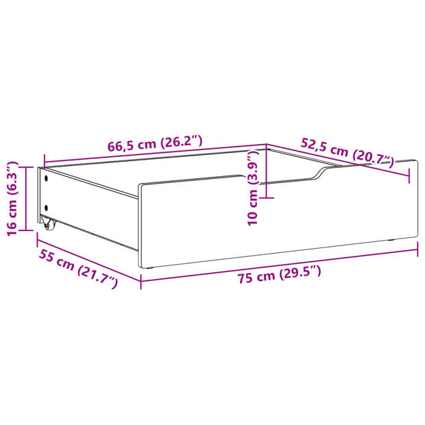 vidaXL Bedlades 2 st met wieltjes 75x55x16 cm massief grenenhout