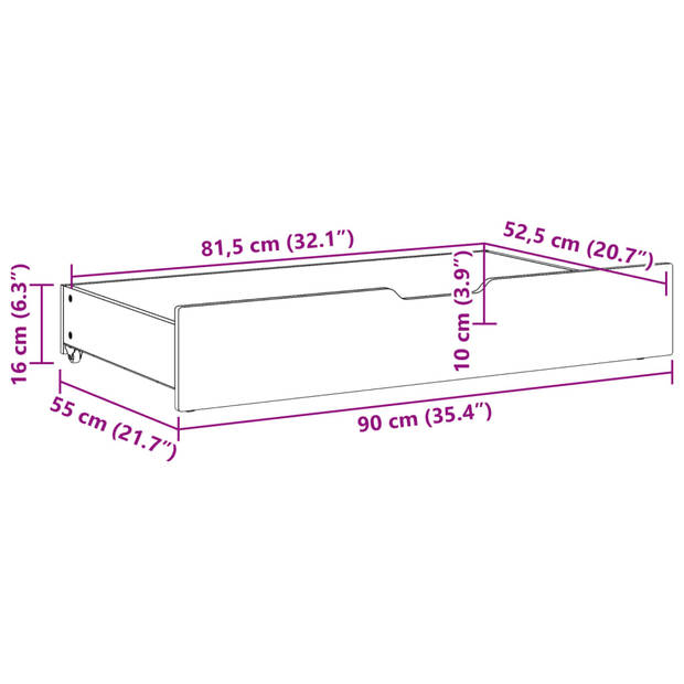 vidaXL Bedlades 2 st met wieltjes 90x55x16 cm massief grenenhout