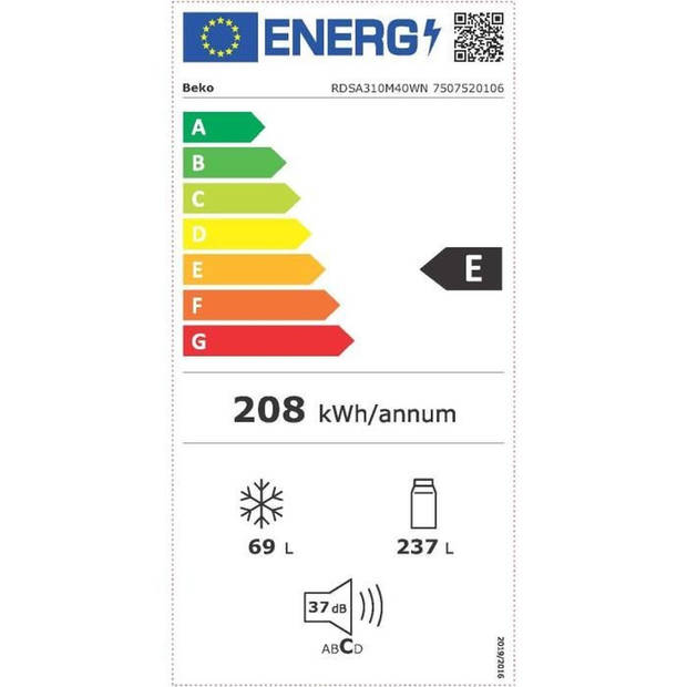 BEKO RDSA310M40WN dubbeldeurs koelkast - Klasse E - 306 L