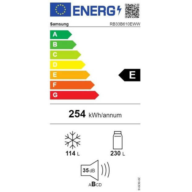 Koel-/vriescombinatie - SAMSUNG - RB33B610EWW - 344 L - 185 cm - Klasse E - No Frost - Interne zijgrepen - Wit