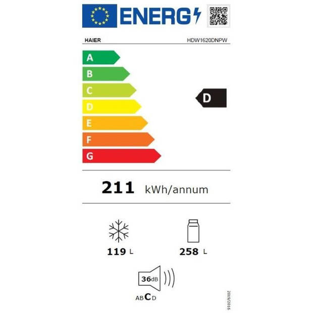 Gecombineerde koelkast - HAIER - 2D 60 Serie 1 HDW1620DNPW - Klasse D - 377 L - 200 x 59,5 x 65,8 cm - Wit