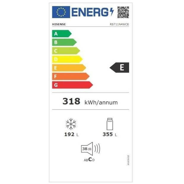 HISENSE Amerikaanse koelkast - RS711N4WCE - 2 deuren - Energieklasse E - 91 x 64,3 x 178,6 cm - RVS