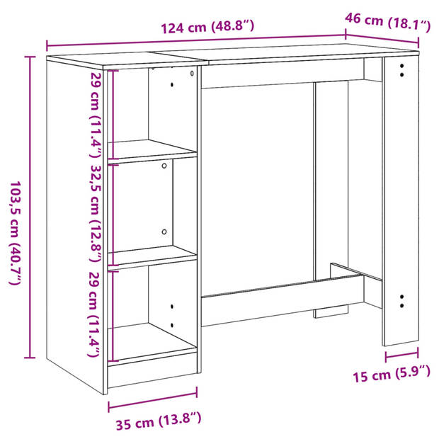 vidaXL Bartafel met schap 124x46x103,5 cm bewerkt hout gerookt eiken