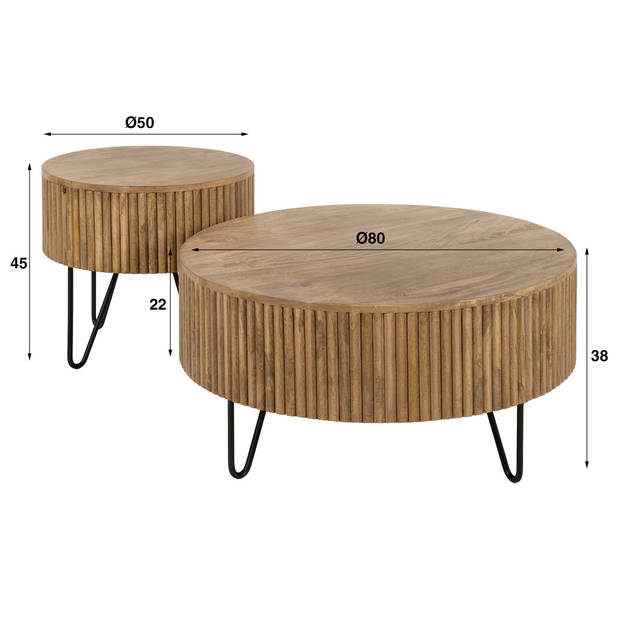 Giga Meubel - Salontafel Rond 80cm - Naturel Mangohout - Set Van 2 - Wave