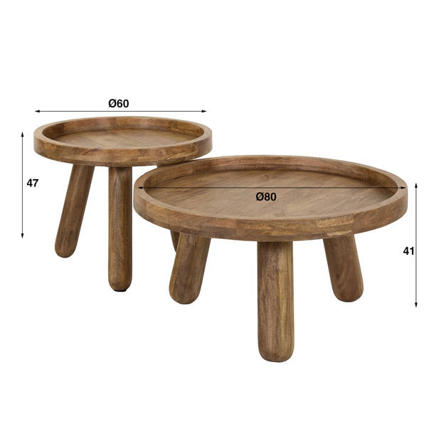 Giga Meubel - Salontafel Rond - Naturel Mangohout - Set Van 2 - Tripod