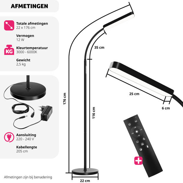 tectake® LED-Vloerlamp - Dimbaar met Zwanenhals, 5 Lichtmodi - Modern Design - Lees- & Bureaulamp - Zwart