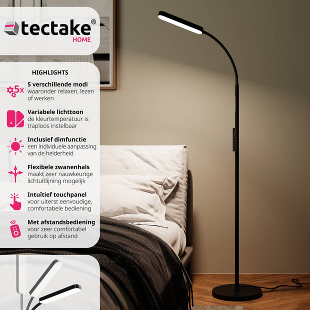 tectake® LED-Vloerlamp - Dimbaar met Zwanenhals, 5 Lichtmodi - Modern Design - Lees- & Bureaulamp - Zwart