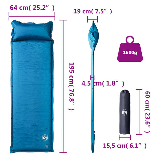 vidaXL Kampeermatras met kussen zelfopblazend 1-persoons turquoise