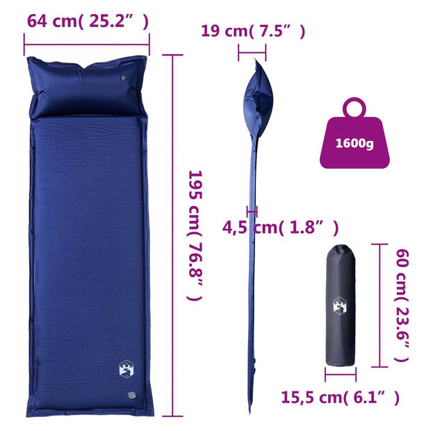 vidaXL Kampeermatras met kussen zelfopblazend 1-persoons marineblauw