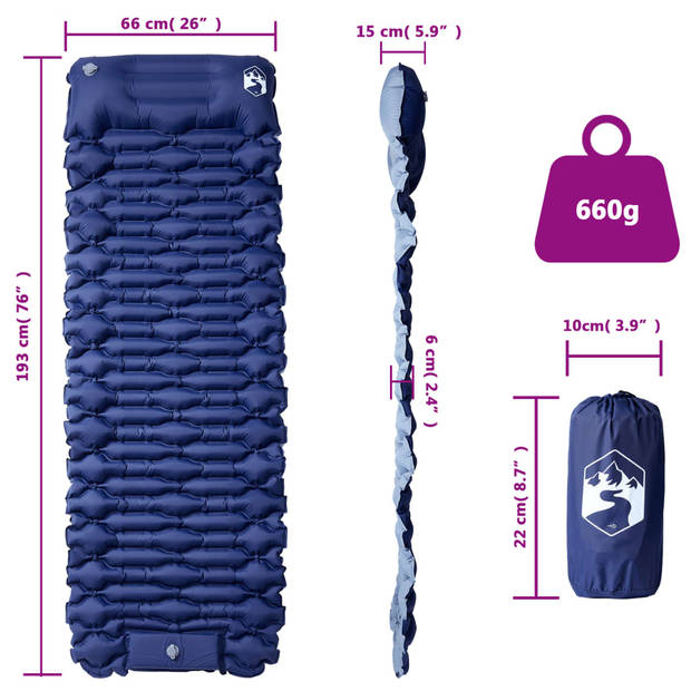 vidaXL Kampeermatras met kussen zelfopblazend 1-persoons marineblauw