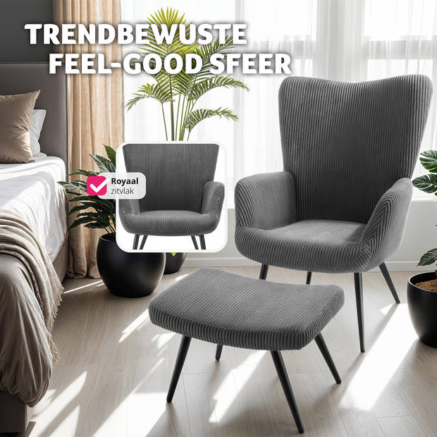 tectake® Oorfauteuil met hocker - Scandinavische Stijl - Corduroy - Lounge Stoel voor Woonkamer - 150kg - Antraciet