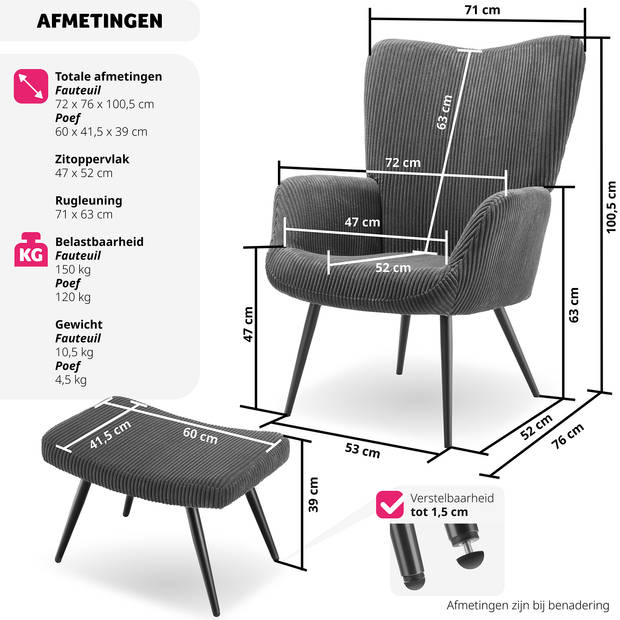 tectake® Oorfauteuil met hocker - Scandinavische Stijl - Corduroy - Lounge Stoel voor Woonkamer - 150kg - Antraciet